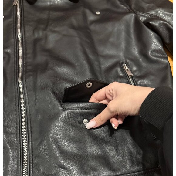 ZARA Man Faux Leather Biker Jacket Black Size L Moto Zip Pockets Asymmetrical - Picture 3 of 10